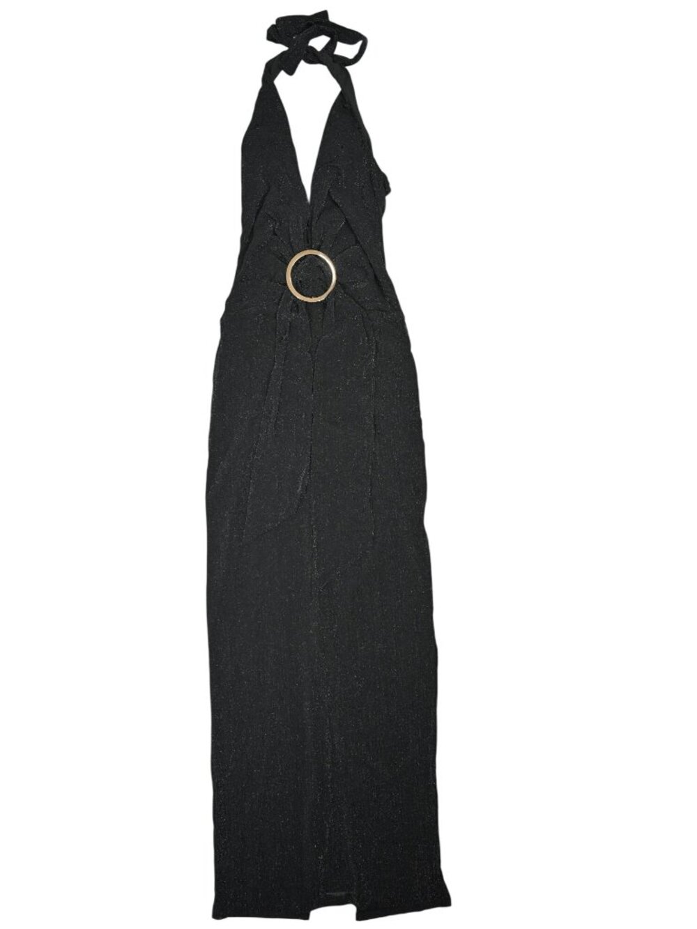 Elegant Black Halter Maxi Dress with Gold Ring Detail